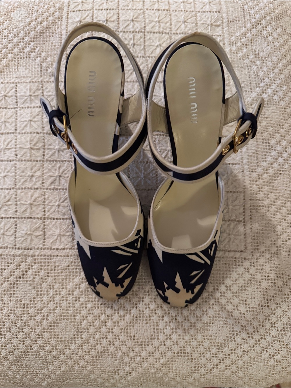 Miu Miu Women's Navy & Cream Ankle-Strap Pumps. Never Worn.